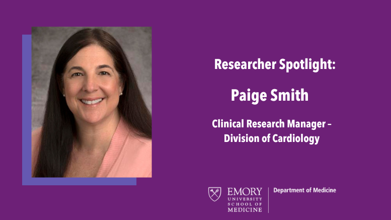 Photo of Paige Smith, clinical research manager in the cardiology division, researcher spotlight frame